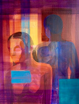 Abstract picture of woman with eyes closed. Behind her is a man with his back to her.