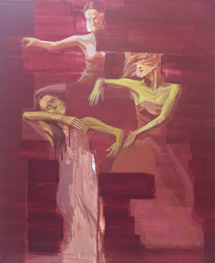 Abstract picture of three women dancing, their arms float in the air.